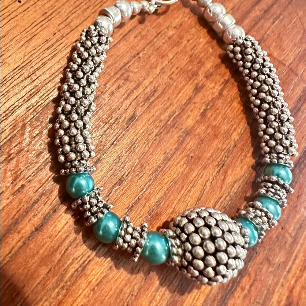 Bali Sterling  Silver and Green Pearls Bracelet with Intricate Design